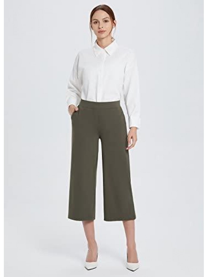 Women's Wide Leg Crop Pants Capri Dress Pants Work Business Casual Stretchy Office Culottes with 4 Pockets 