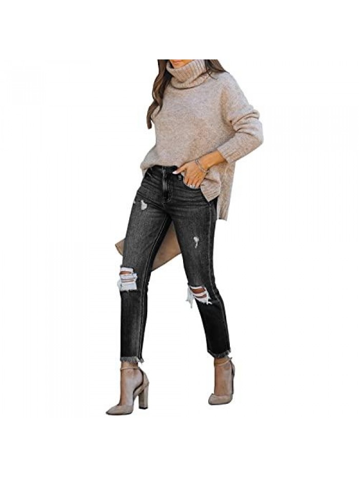 Womens Ripped Boyfriend Jeans high Waisted Straight Leg Distressed Stretch Denim Ankle Pants 