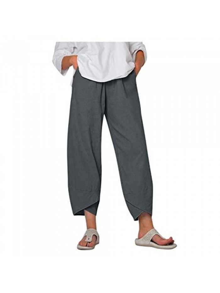 Linen Pants for Women Plus Size High Waisted Elastic Crop Pant Summer Casual Loose Wide Leg Capris with Pockets 