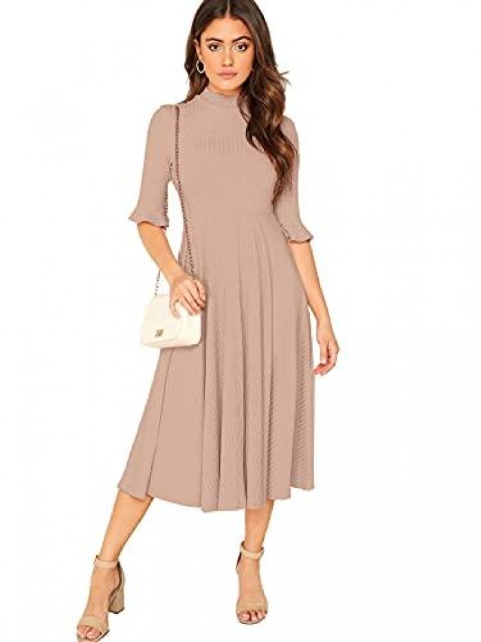 Women's Elegant Ribbed Knit Bell Sleeve Fit and Flare Midi Dress 