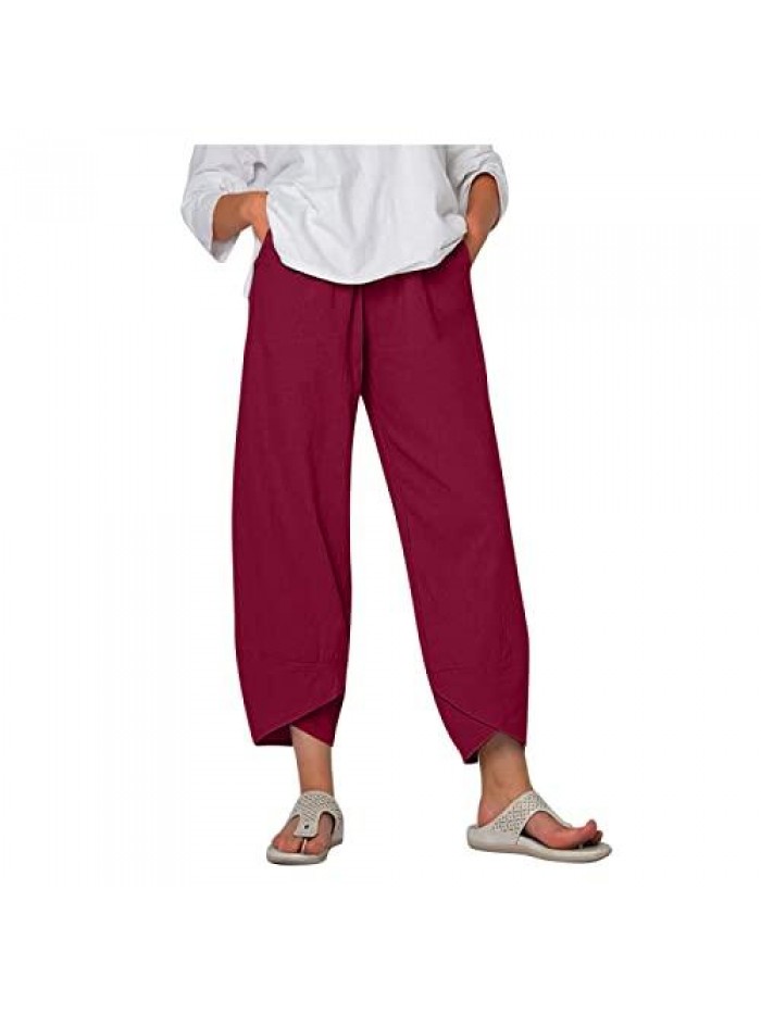 Plus Size Capri Pants with Pockets Summer Lounge Pants Drawstring Capris Loose Fit Wide Leg Crop Trousers 