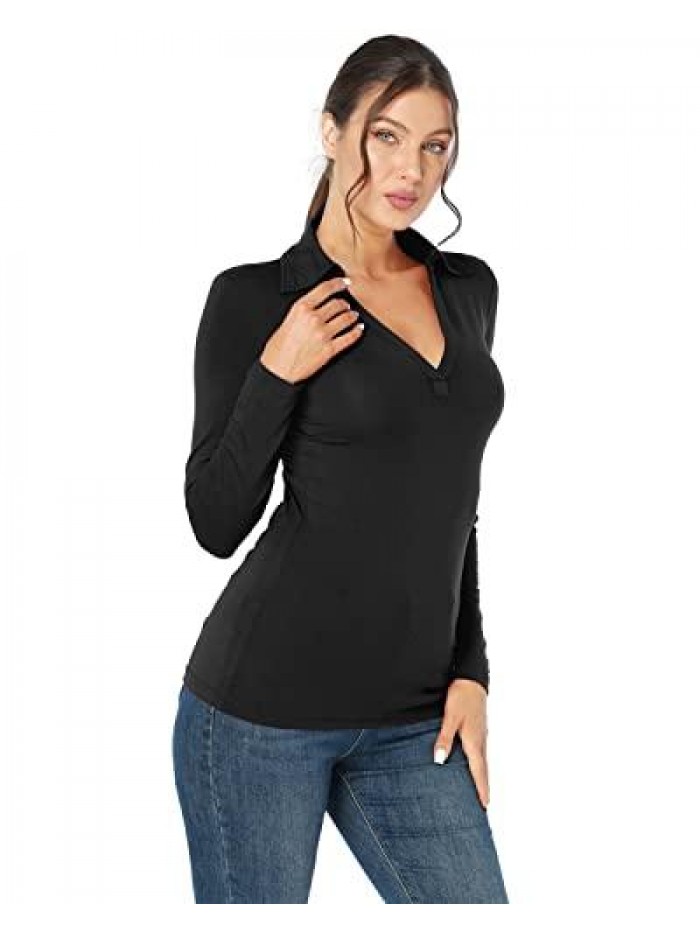Women's Collared Polo Shirt Sexy V Neck Long Sleeve Work Office Outdoor Golf Shirts 