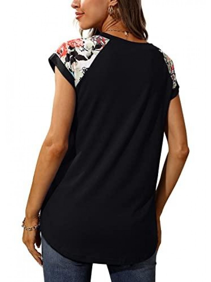 Womens Summer Tops Cap Sleeve Floral Print Loose Fitting Tunic Shirts 