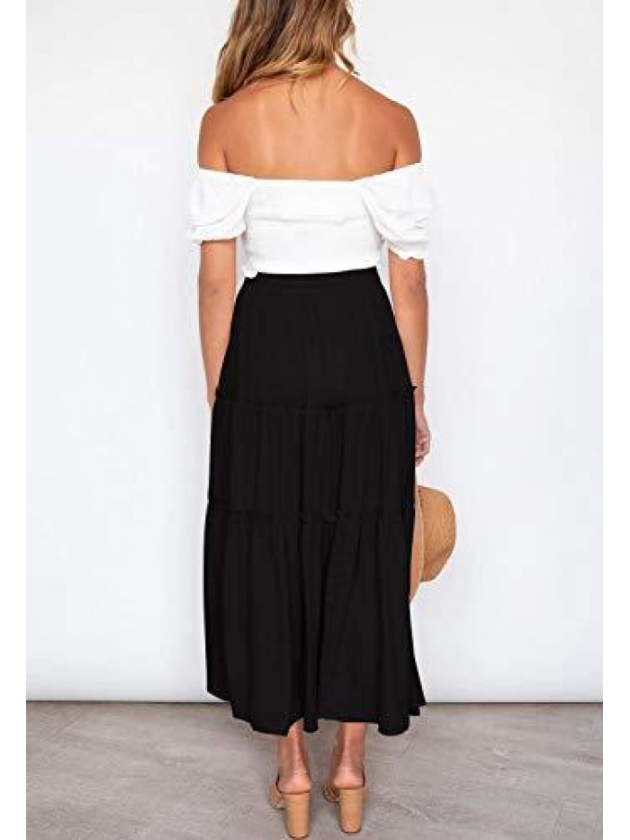 Women’s Elastic High Waist Boho Maxi Skirt Ruffle A Line Swing Long Skirts 