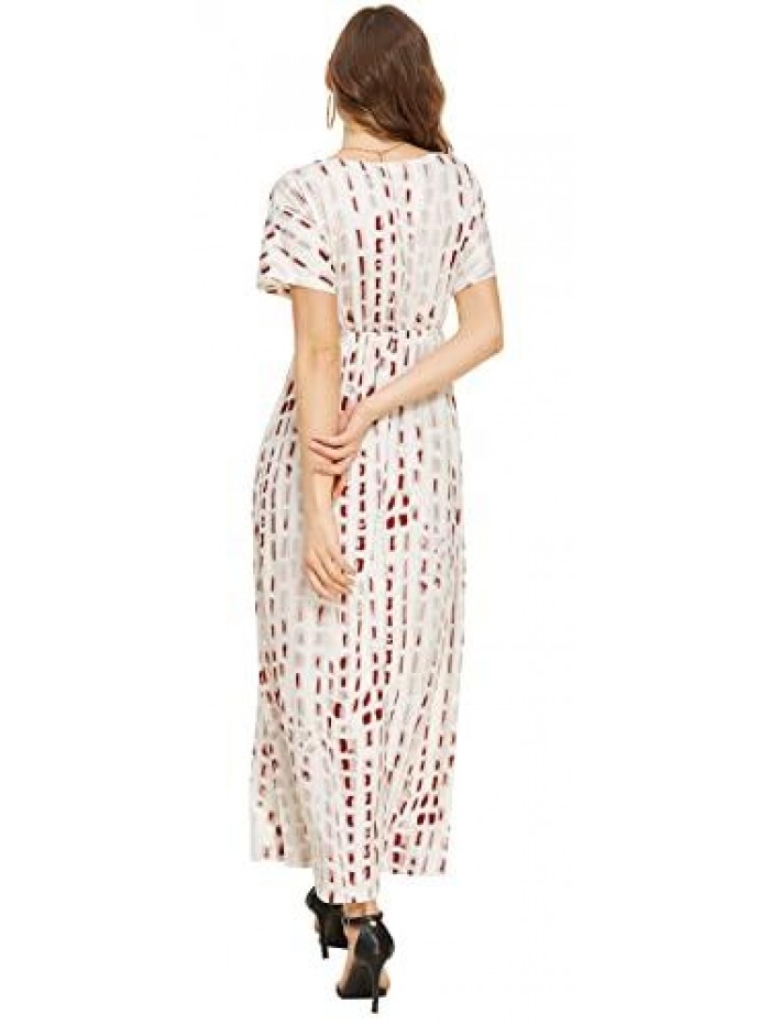 Women's Summer Casual Floral Dress V-Neck Short Sleeve Long Maxi Dress with Pockets 