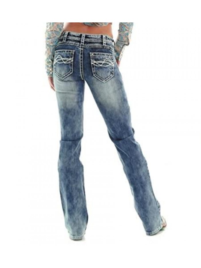 Women's Jeans Mid Waist Stretch Bootcut Jeans Slim Fit Distressed Washed Denim Pants 