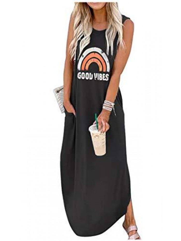 Good Vibes Rainbow Pocket Sleeveless Maxi Dress for Women Summer Hawaiian Beach Casual Tank Dresses Plain T Shirt Dress