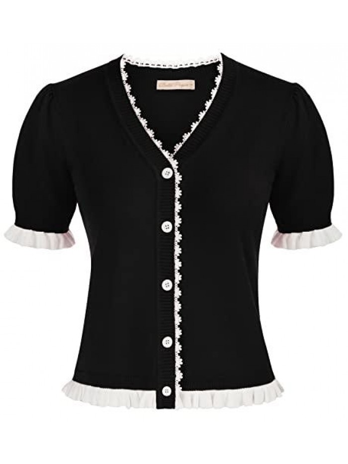 Poque Women's Short Sleeve Cardigan V Neck Button Down Sweater Vintage Elegant Cardigan with Lace Trim 