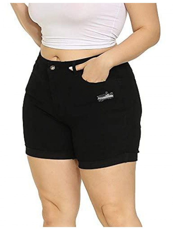 Plus Size Denim Shorts Women High Waisted Ripped Folded Hem Jean Shorts 