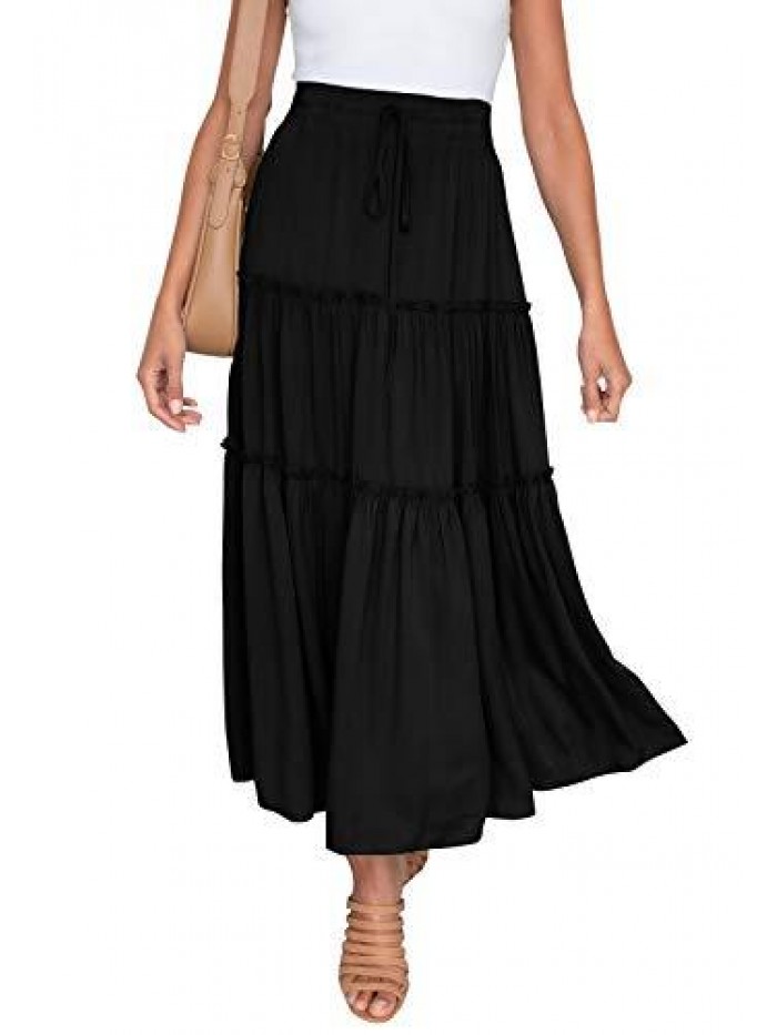 Women’s Elastic High Waist Boho Maxi Skirt Ruffle A Line Swing Long Skirts 