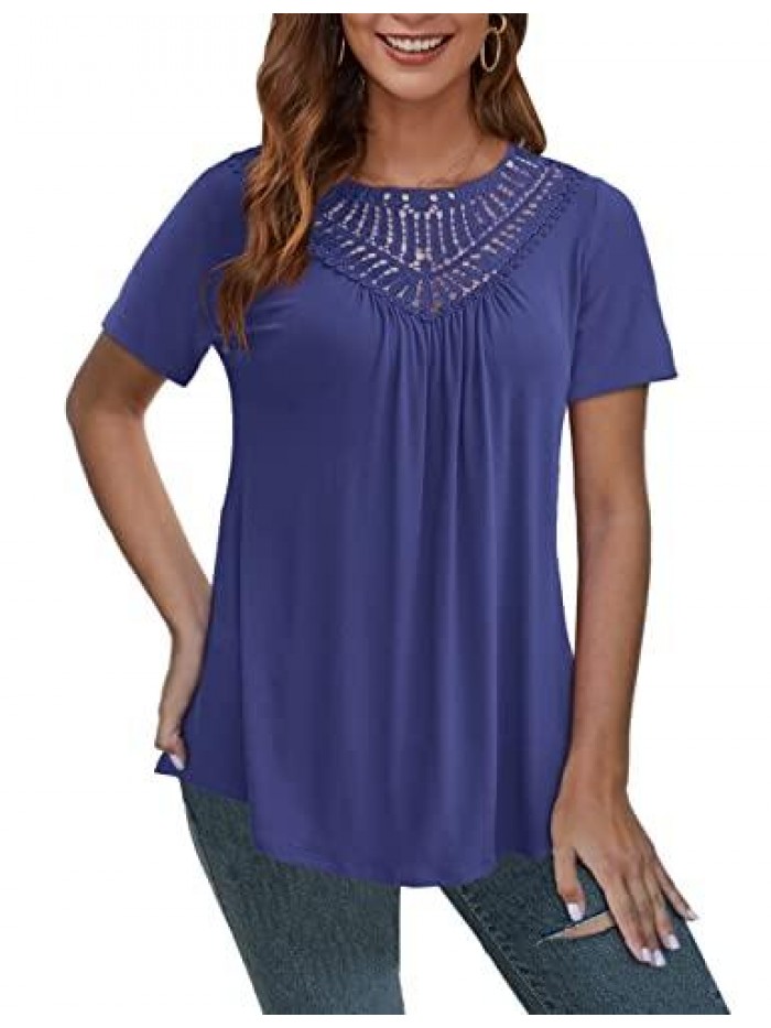 Women's Plus size Tops Short Sleeve Shirts Lace Pleated Tunic Causal Tee Blouses M-4XL 