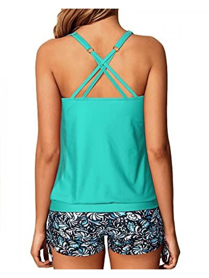 Blouson Tankini Swimsuits for Women with Shorts Strappy Bathing Suits Two Piece Swimwear 