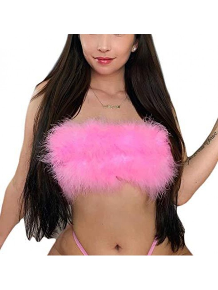Rave Festival Feather Crop Tops Faux Fur Spaghetti Straps Tube Top for Concert Club Party 