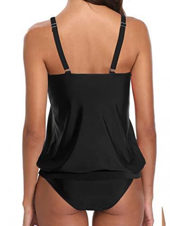 Blouson Tankini Swimsuits for Women Modest Bathing Suits Two Piece Loose Fit Swimwear 