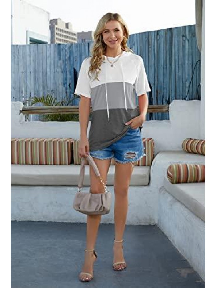 Women's T Shirts Color Block Tops Short Sleeve Hoodies Summer Casual Tees 