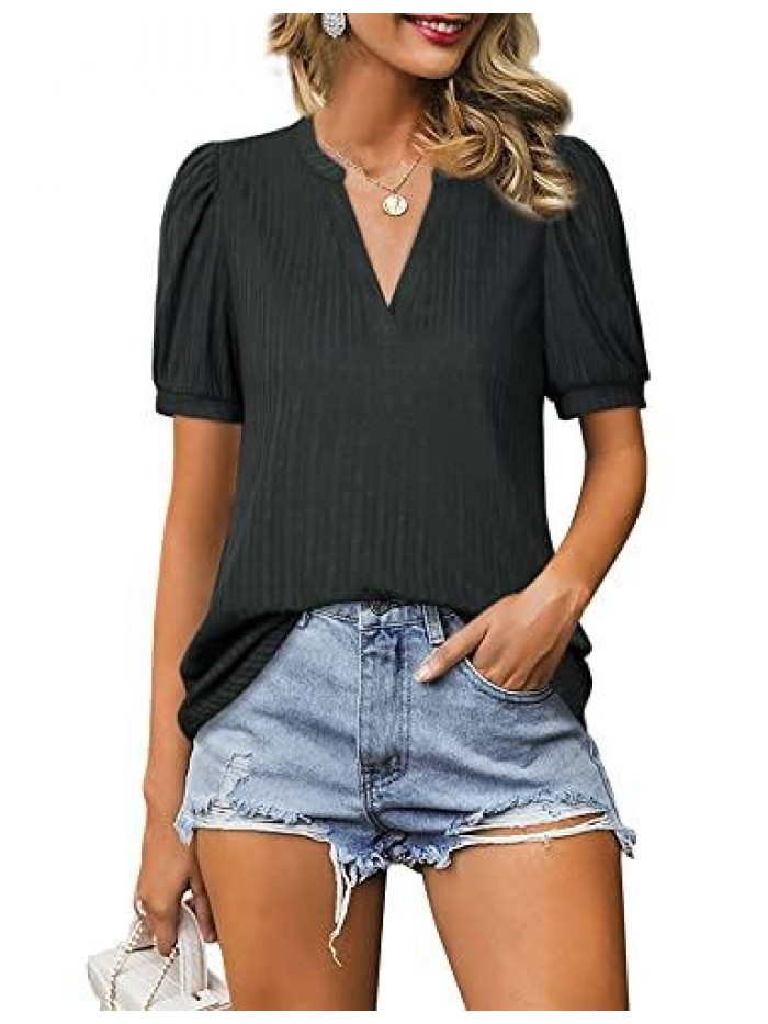 Women's Puff Short Sleeve Blouse V Neck Summer Top Casual T-Shirt Tunic 