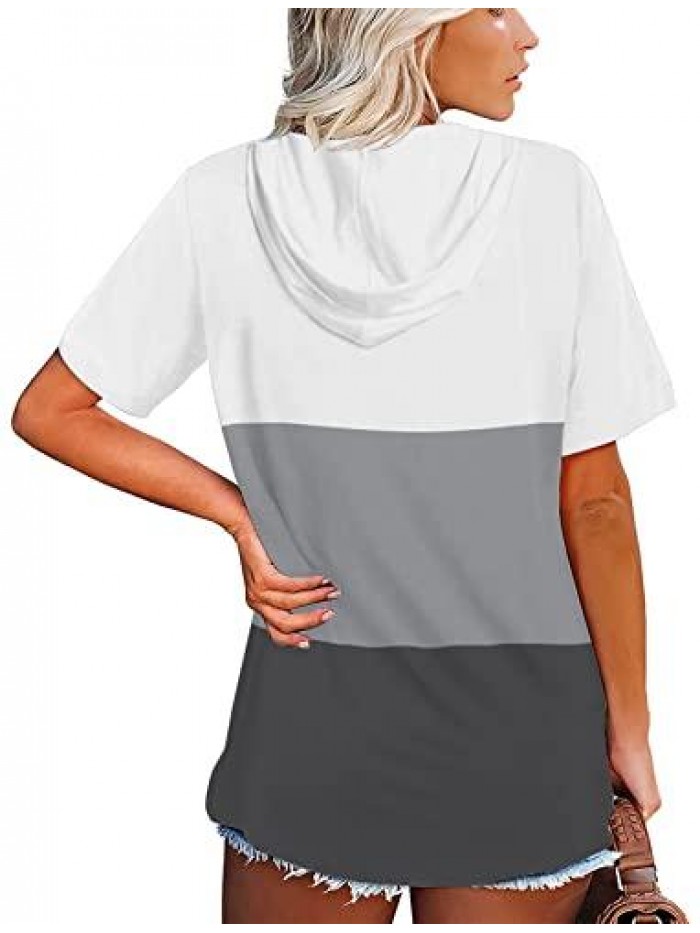 Women's T Shirts Color Block Tops Short Sleeve Hoodies Summer Casual Tees 