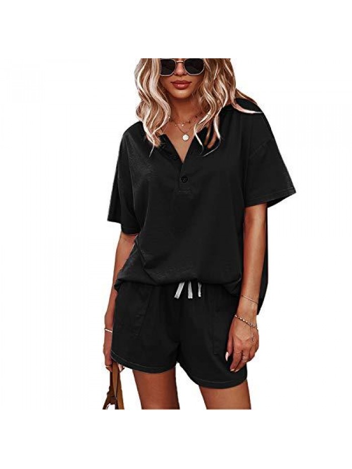 Women's Short Sleeve Sweatsuits: 2 Piece Casual Outfit Sets with Pockets 