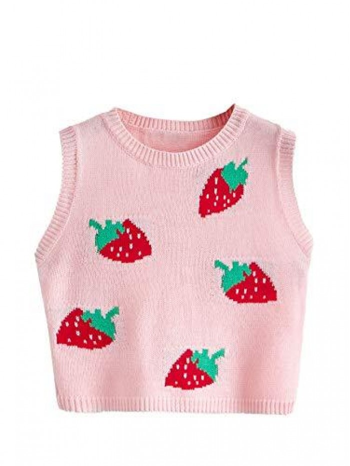 Women's Sleeveless Round Neck Cute Strawberry Sweater Vest Crop Shirt Top 