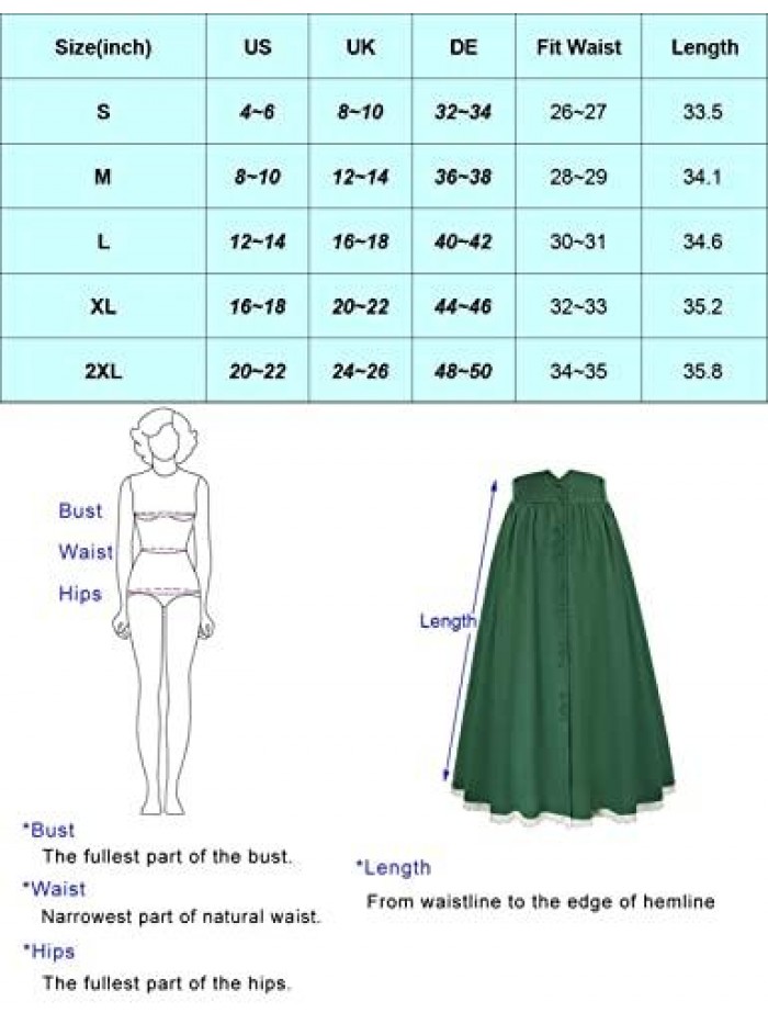 Victorian Skirts with Button Vintage High Waist A-Line Midi Skirts with Pockets & Belts 