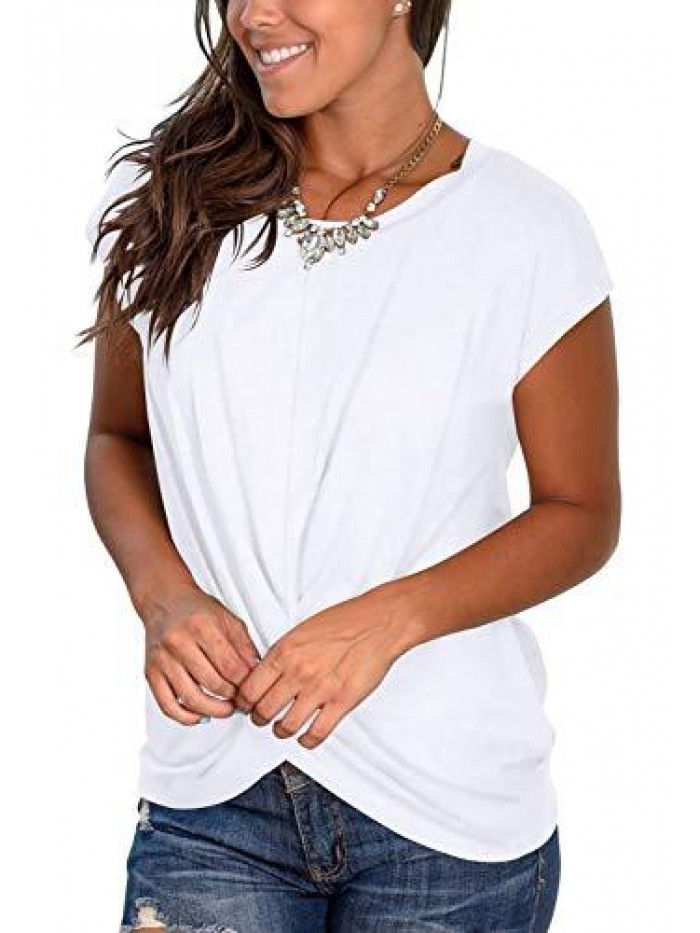 Women's Short Sleeve Round Neck T Shirt Front Twist Tunic Tops Casual Loose Fitted 