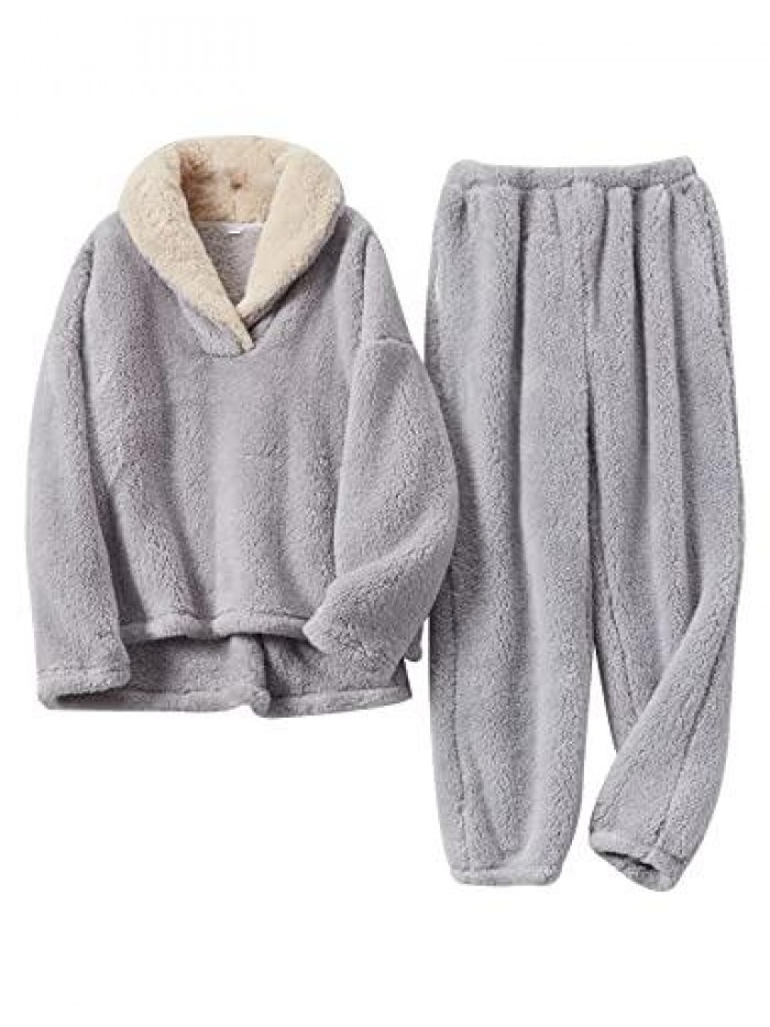 Women' s Fluffy Pajamas Set Fleece Pullover Pants Loose Plush Sleepwear 