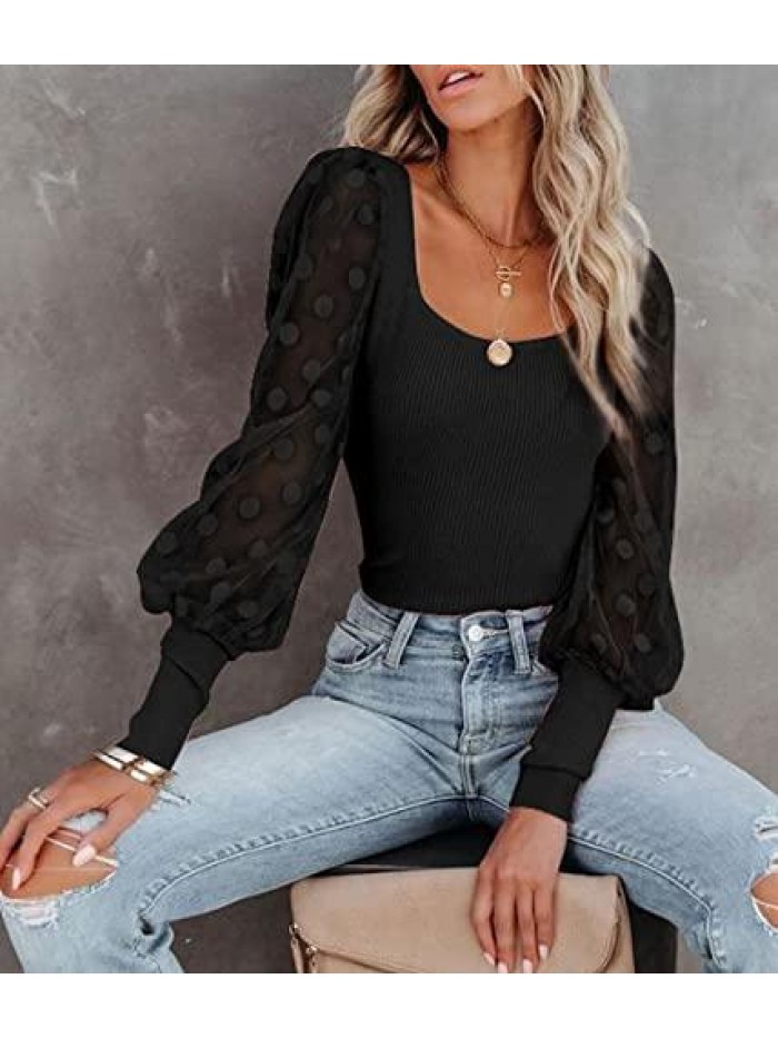 Womens Round Neck Polka Dot Mesh Lace Long Sleeve T Shirts Crewneck Puff Sleeve Tops Blouses 