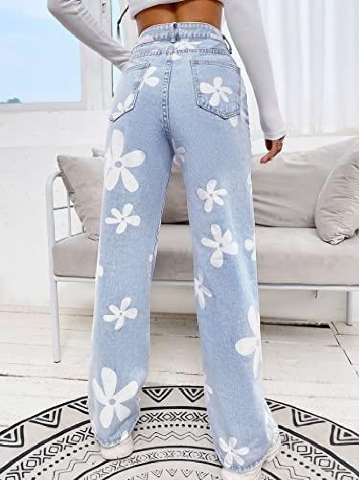 Women's Floral Print High Waist Straight Leg Jeans Workout Denim Pants 