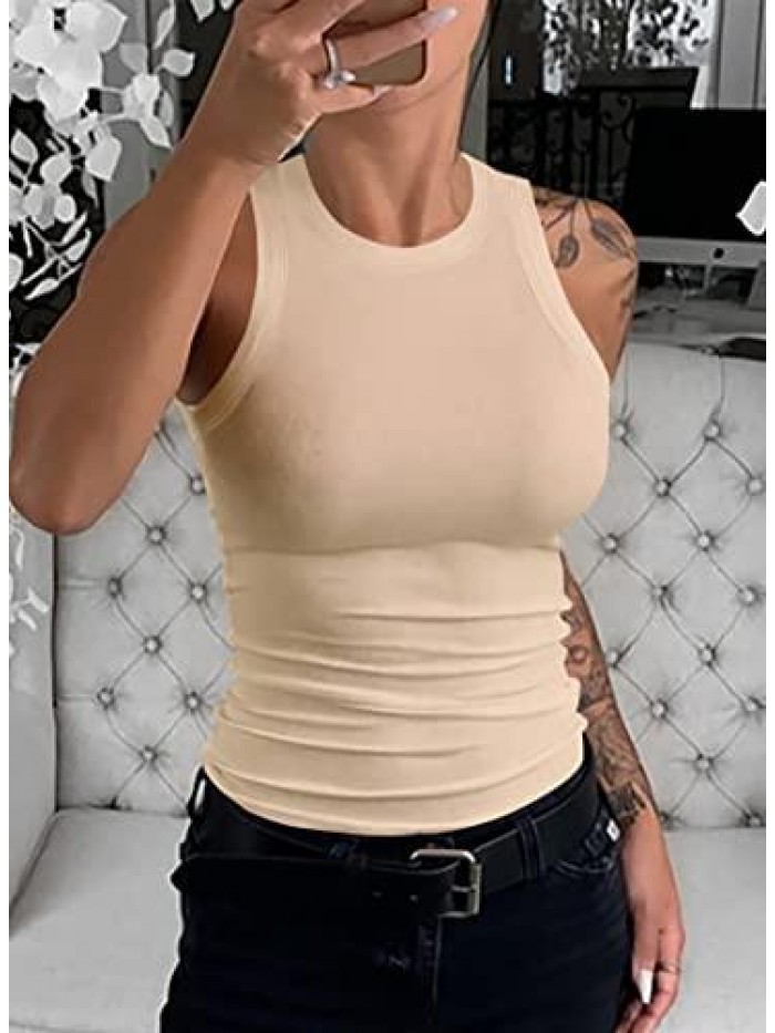 Womens Summer Tank Tops High Neck Ribbed Top Sleeveless Casual Basic Shirts Blouses 