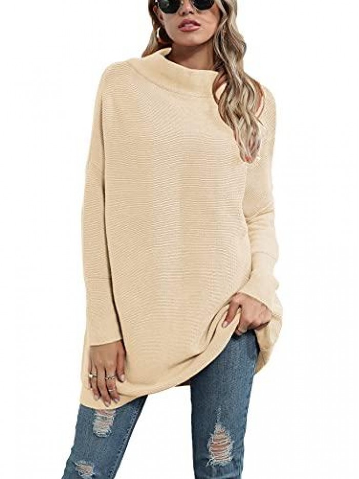 Women Casual Turtleneck Batwing Sleeve Slouchy Oversized Ribbed Knit Tunic Sweaters Pullover 