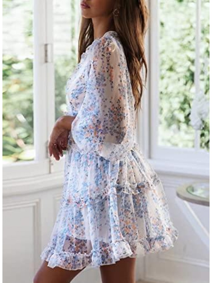 Dokotoo Womens Spring Summer Deep V Neck Ruffle Long Sleeve Floral Print Mini Dress