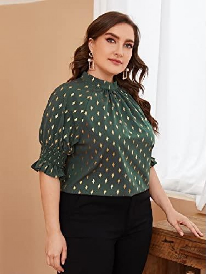 Women's Plus Size Pleated Mock Neck Puff Sleeve Work Office Blouse Tops 