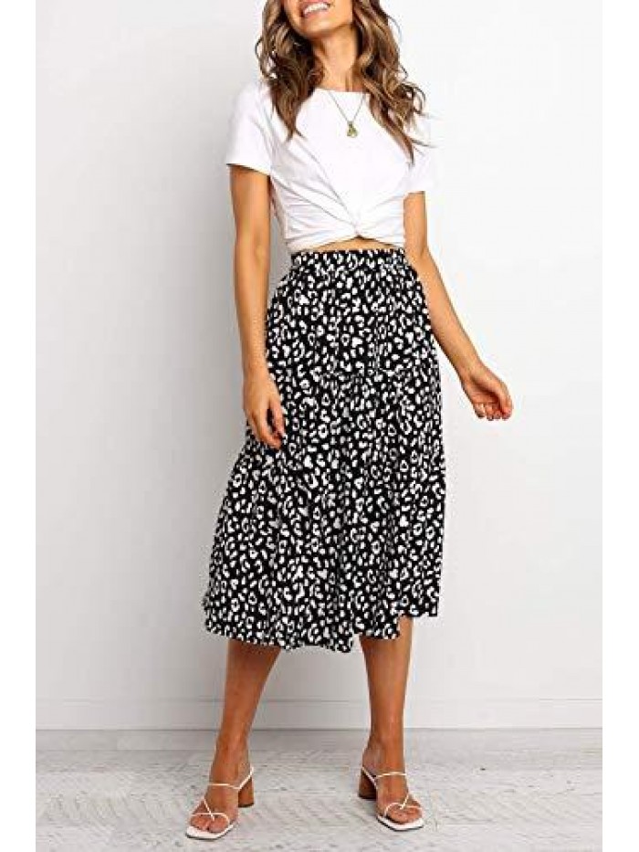 Women's Boho Leopard Print Skirt Pleated A-Line Swing Midi Skirts 