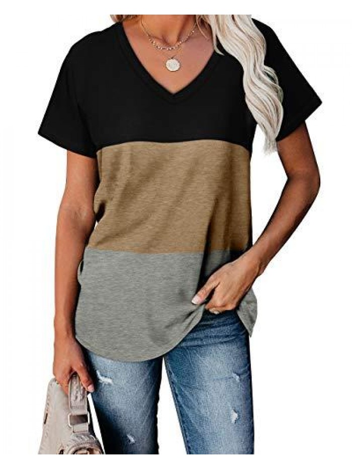 T Shirts for Women V Neck Summer Color Block Tops 