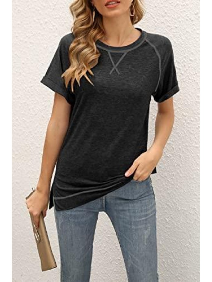 Womens T Shirts Summer Short Sleeve Solid Color Crew Neck Blouses Criss Cross Tops 