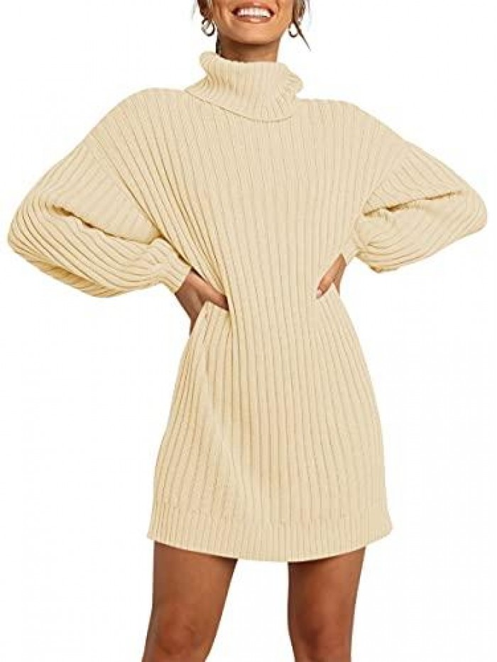 Women Turtleneck Long Lantern Sleeve Casual Loose Oversized Sweater Dress Soft Winter Pullover Dresses 