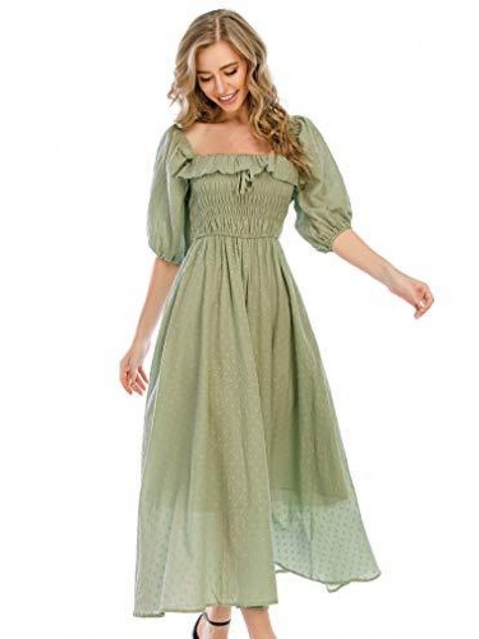 Women Summer Half Sleeve Cotton Ruffled Vintage Elegant Backless A Line Flowy Long Dresses 