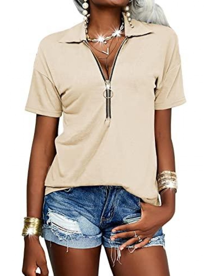 Womens Zipper Short Sleeve T-Shirt Casual V Neck Polo Shirt Loose Fit Lapel Tee Tops 