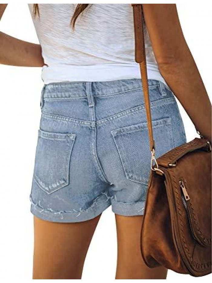 Women Summer High Waisted Sewn Cuffed Hem Buttons Denim Jean Shorts 