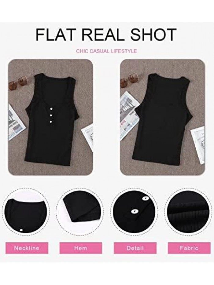 Womens Ribbed Strap Button Down Scoop Neck Henley Tight Slim Fitted Sporty Workout Tank Tops 