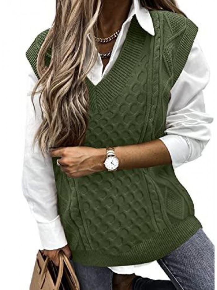 Women's Cable Knit Oversized Cropped Argyle Sweater Vest V-Neck Preppy Pullover Knitwear Tops 
