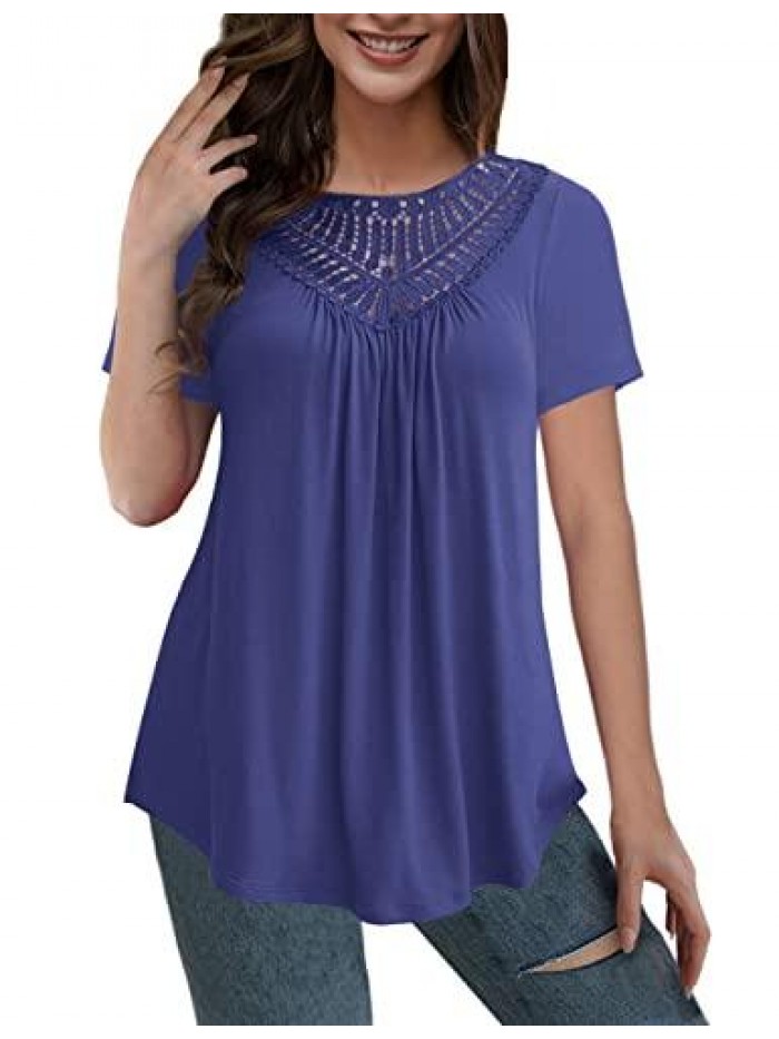 Women's Plus size Tops Short Sleeve Shirts Lace Pleated Tunic Causal Tee Blouses M-4XL 