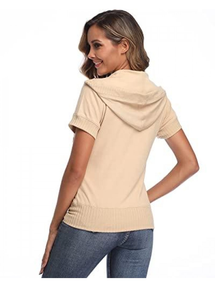 Women's Short Sleeve Hoodies Jacket Zip up Drawstring Hooded Sweatshirts Running Jackets with Pockets 