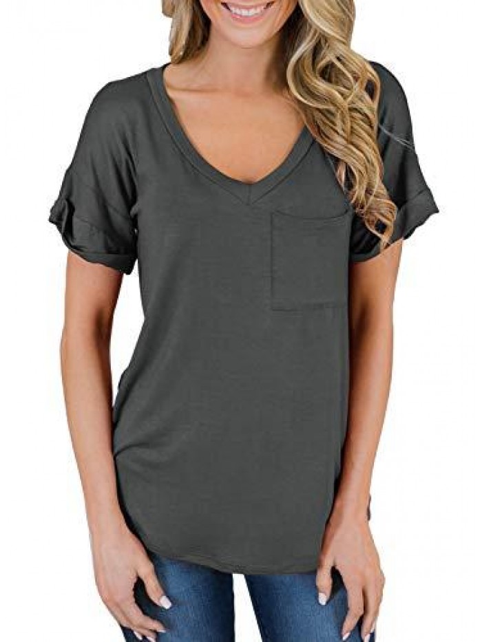 Women's Short Sleeve V-Neck Shirts Loose Casual Tee T-Shirt 