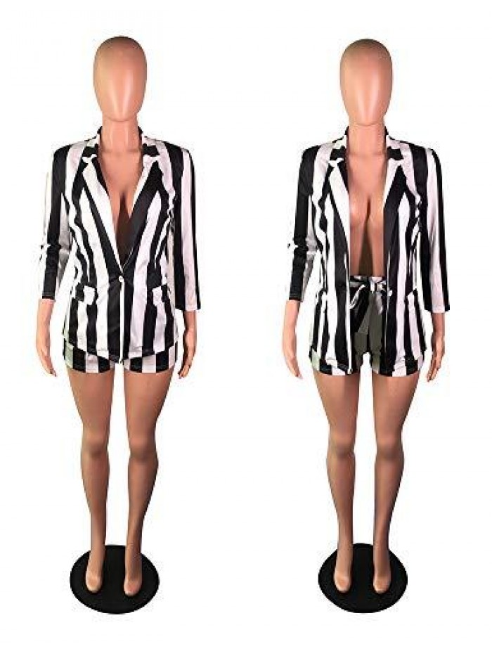 Suits Two Piece Outfits - Sexy 3/4 Sleeve Blazer Jacket + Skinny Shorts Set Belted 