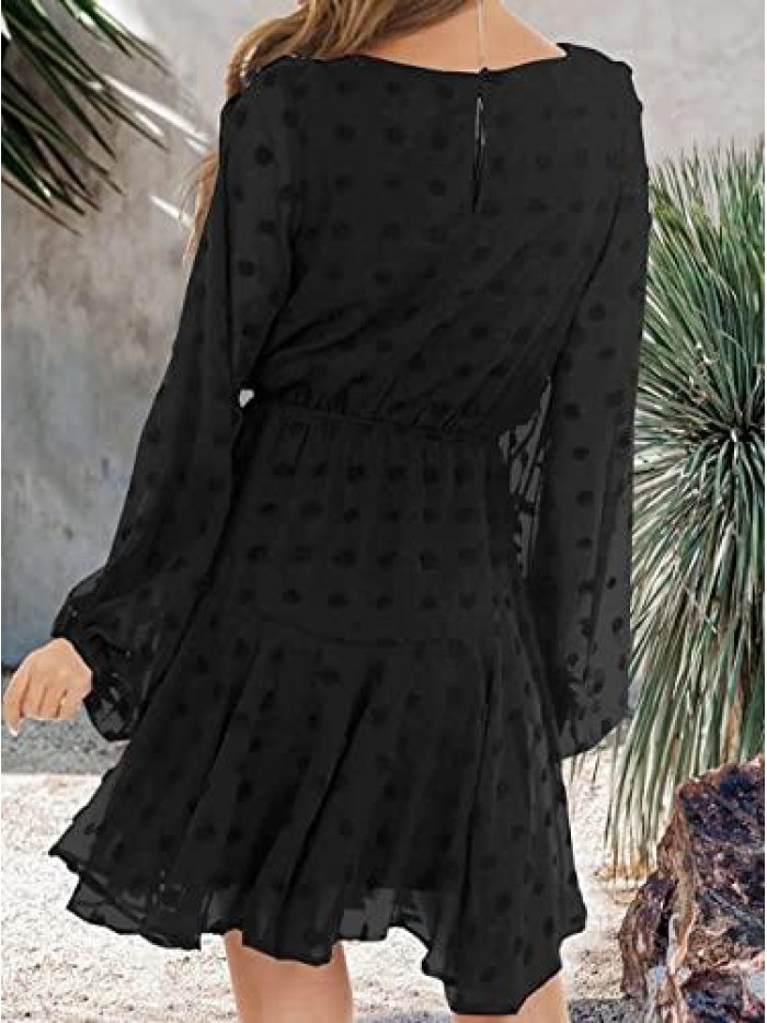 Women’s Dress Long Sleeves V Neck Flowy Mini Dress Swiss Dot High Waist Chiffon Casual Dress with Belt 