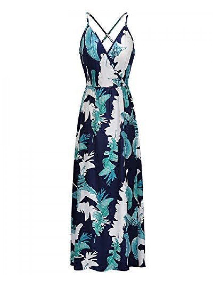 ININ Women's Deep V-Neck Casual Dress Summer Backless Floral Print/Solid Split Maxi Dress for Beach Party 