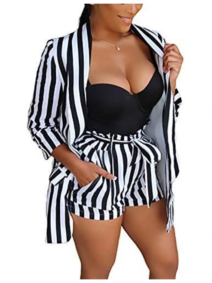 Suits Two Piece Outfits - Sexy 3/4 Sleeve Blazer Jacket + Skinny Shorts Set Belted 