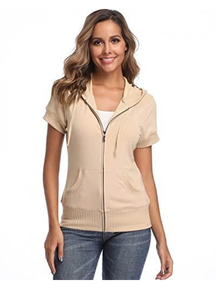 Women's Short Sleeve Hoodies Jacket Zip up Drawstring Hooded Sweatshirts Running Jackets with Pockets 