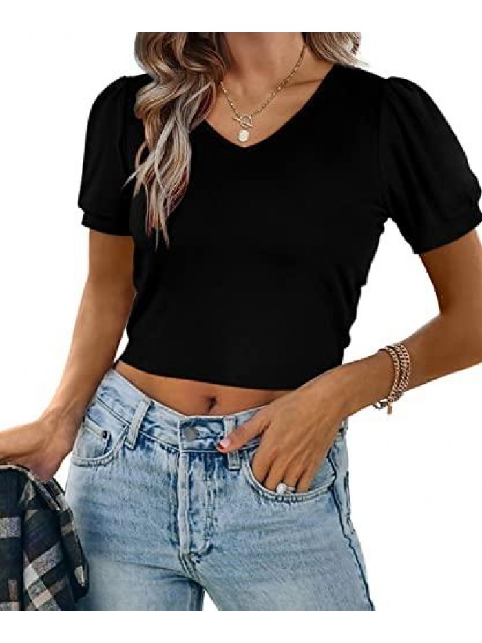 Crop Tops for Women Puff Sleeve V Neck T Shirts S-XXL 